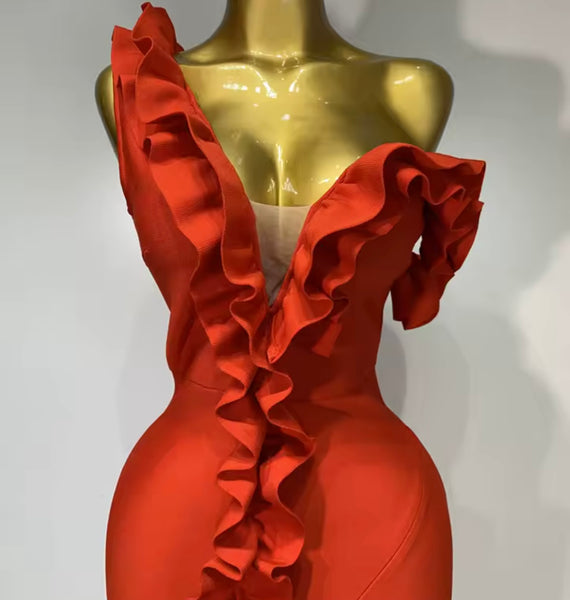 Women Red Ruffled One Shoulder Sleeveless Maxi Dress