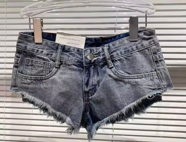 Women Fashion Ripped Fringe Denim Shorts