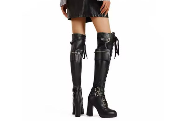 Women Fashion Buckled Pocket Platform Knee High Boots