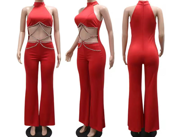 Women Sexy Sleeveless Cut Out Chain Jumpsuit