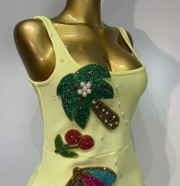 Women Sexy Sleeveless Yellow Beaded Rhinestone Dress