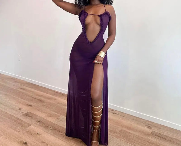 Women Sexy Sleeveless Ruffled Cut Out Mesh Maxi Dress