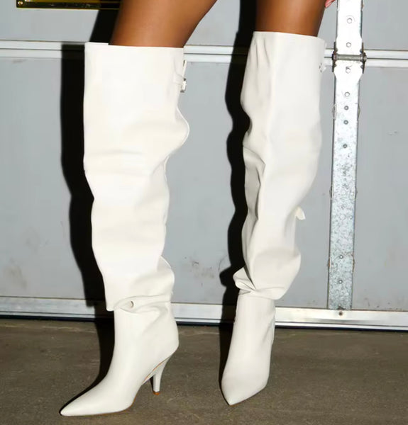 Women Black/White Buckled Open Back Kitten Heel Knee High Boots