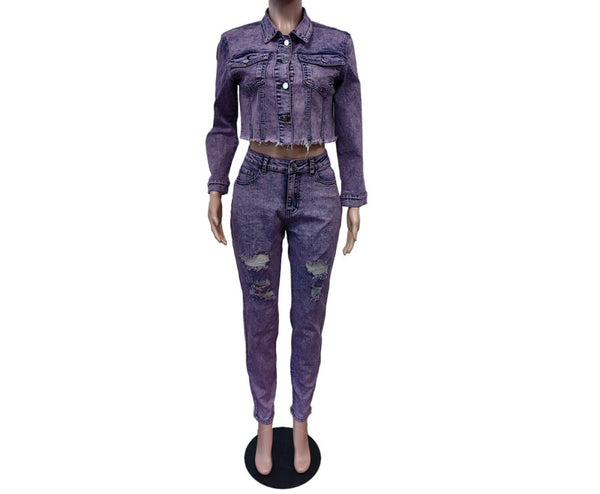 Women Fashion Purple Ripped Denim Two Piece Jacket Pant Set