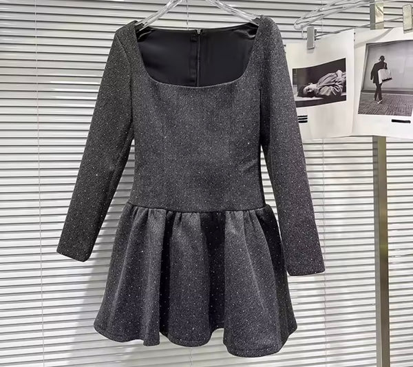 Women Gray Rhinestone Fashion Two Piece Shawl Dress Set