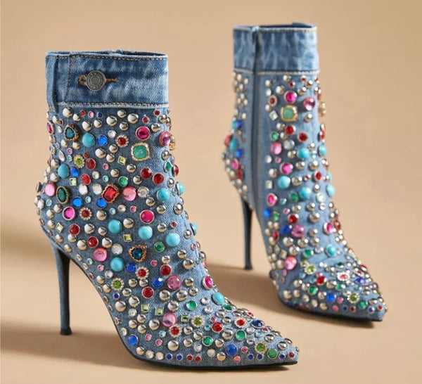 Women Colorful Gem Pointed Toe High Heel Denim Ankle Boots