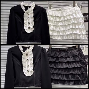 Women Fashion Ruffled Button Full Sleeve Two Piece Skirt Set