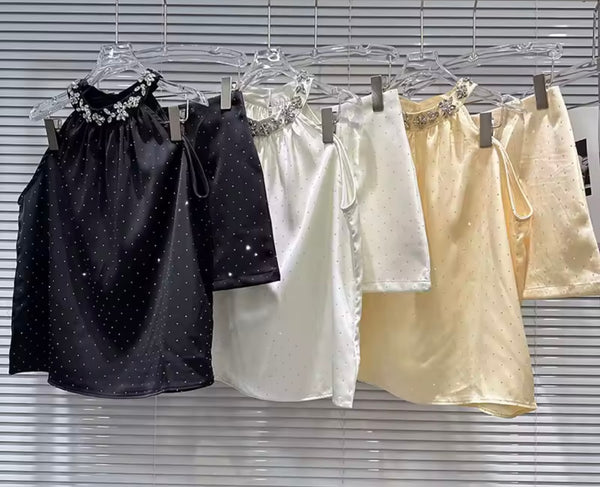 Women Rhinestone Halter Satin Sexy Two Piece Skirt Set