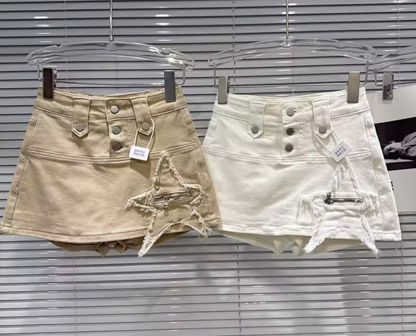Women Fashion Zipper Star Button Up Denim Wrap Shorts
