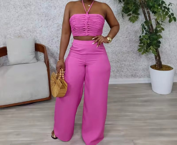 Women Halter Sleeveless Ruched Fashion Two Piece Pant Set