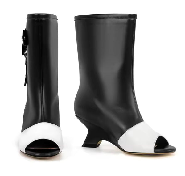 Women Fashion B&W Open Toe Zip Up Buckled Ankle/Knee High Boots