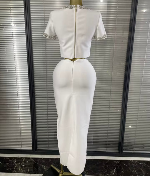 Women Rhinestone Short Sleeve Crop Two Piece Maxi Skirt Set