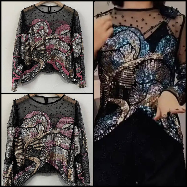 Women Fashion Colorful Sequins Print Full Sleeve Top