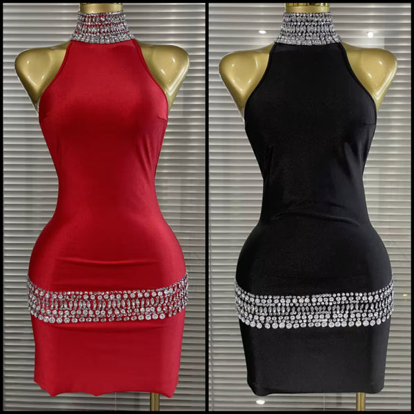 Women Sexy Halter Sleeveless Open Back Rhinestone Dress
