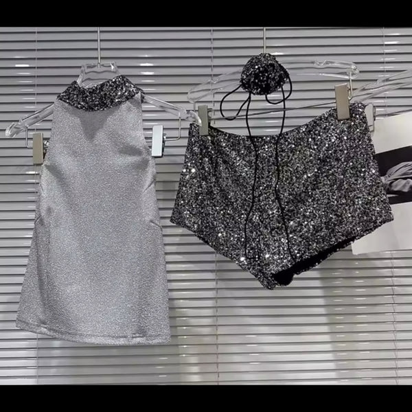 Women Sequins Halter Sleeveless Two Piece Short Set