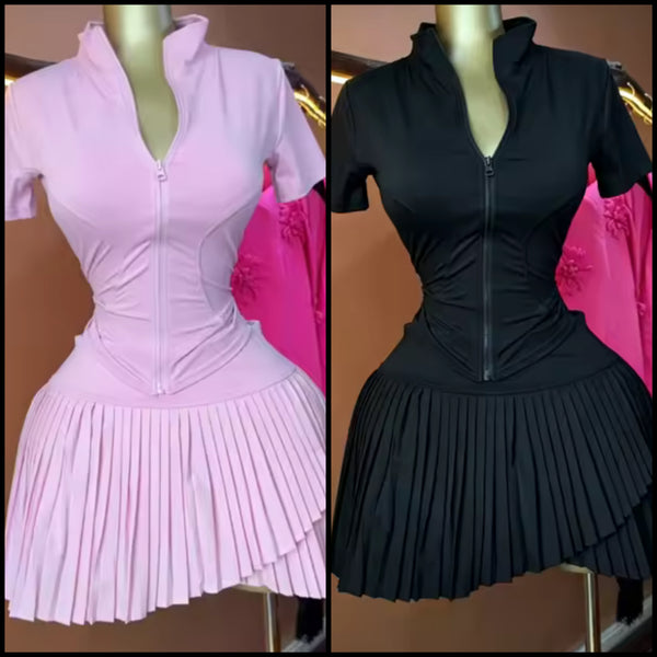 Women Zip Up Short Sleeve Sexy Two Piece Pleated Skirt Set