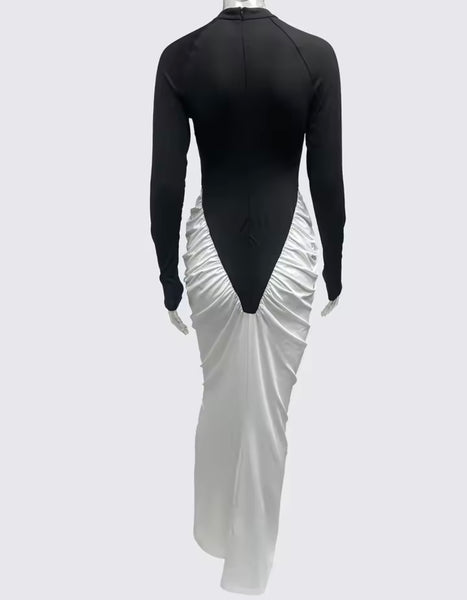 Women B&W Patchwork Ruched Full Sleeve Sexy Maxi Dress