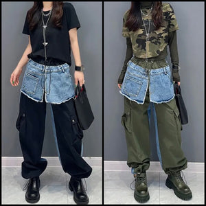 Women Fashion Color Denim Patchwork Cargo Pants