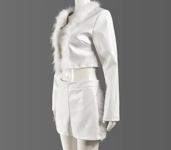 Women White Sexy Fashion Feather Full Sleeve Faux Leather Two Piece Short Set