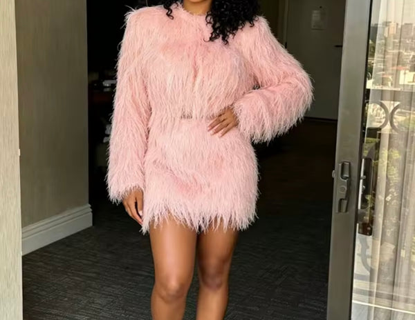 Women Sexy Faux Fur Full Sleeve Two Piece Skirt Set