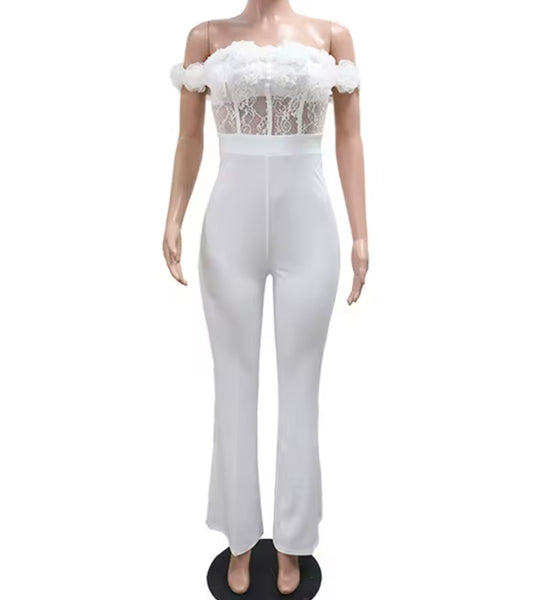 Women Sexy Ruffled Off The Shoulder Lace Patchwork Jumpsuit
