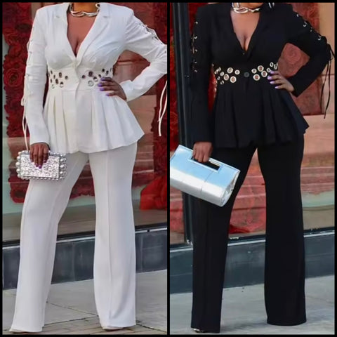 Women Full Sleeve Metal Hollow Out Blazer Two Piece Pant Set