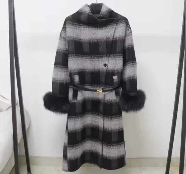 Women Fashion Fur Patchwork Plaid Trench Jacket