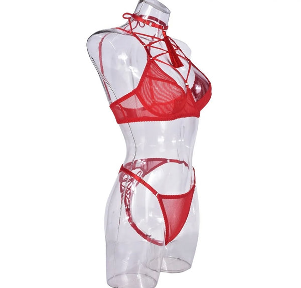 Women Red Sexy Choker Mesh Lingerie Set