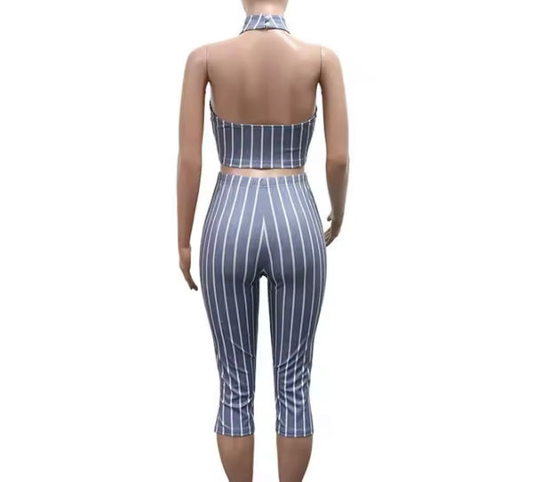 Women Striped Tie Sleeveless Fashion Two Piece Capri Pant Set