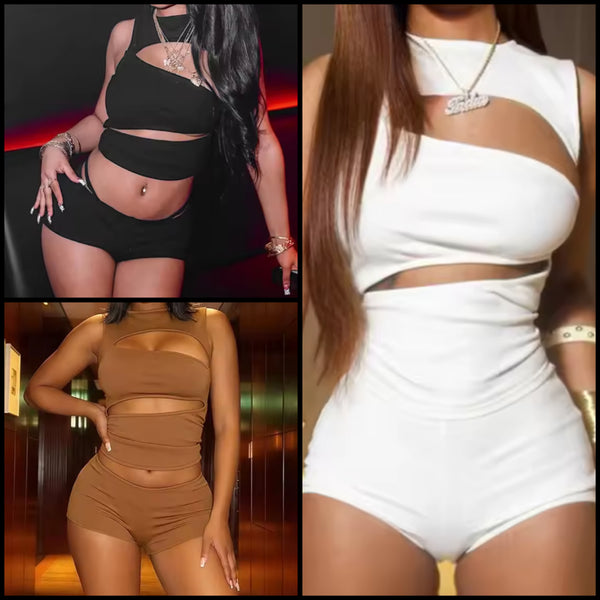 Women Sexy Sleeveless Cut Out Two Piece Short Set
