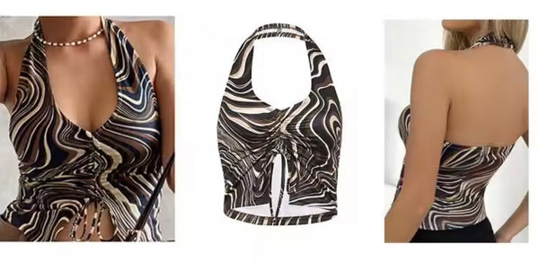 Women Sexy Multicolored Print Halter Sleeveless Crop Top