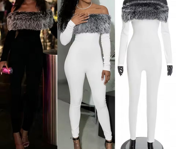 Women Fur Off The Shoulder Full Sleeve Fashion Jumpsuit