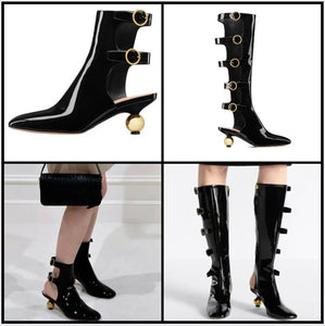 Women Black Fashion Gold Buckled Patent Leather Ankle/Knee High Boots