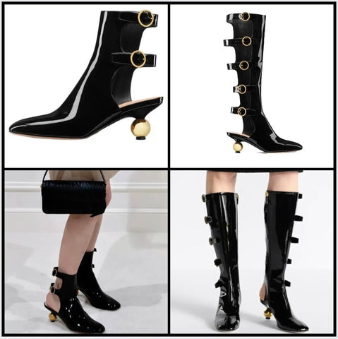 Women Black Fashion Gold Buckled Patent Leather Ankle/Knee High Boots
