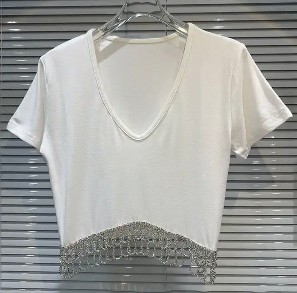 Women Fashion Short Sleeve Bling Tassel Top