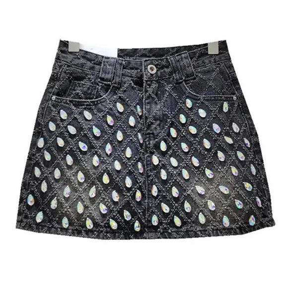 Women Fashion Diamond Crystal Denim Skirt