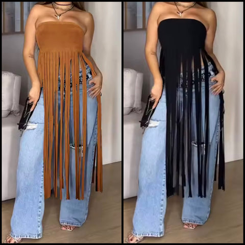 Women Fashion Strapless Suede Fringe Tassel Top