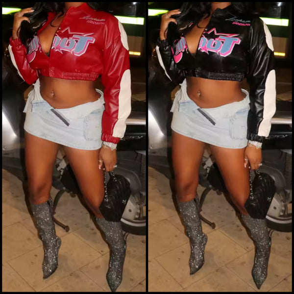 Women Color Printed Fashion Faux Leather Zip Up Jacket