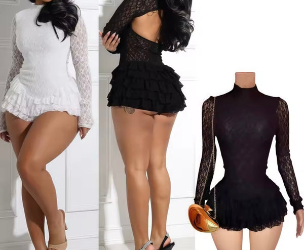 Women Sexy Full Sleeve Open Back Ruffled Lace Romper