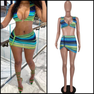 Women Sexy Sleeveless Colorful Striped Two Piece Skirt Set