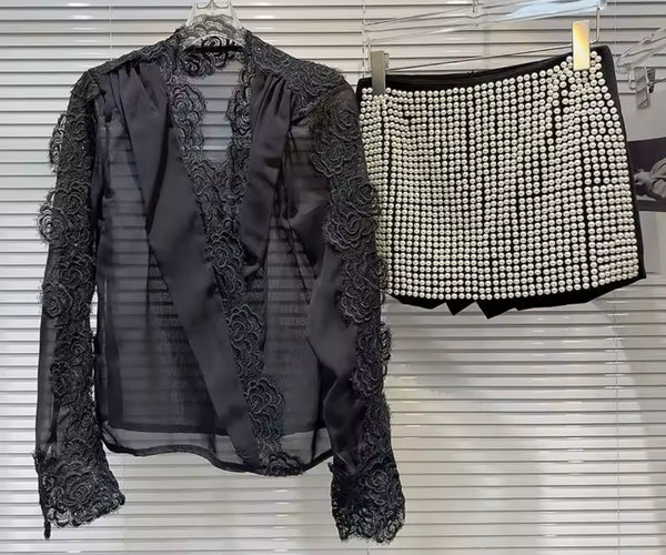 Women Floral Lace Full Sleeve Two Piece Bling Short Set