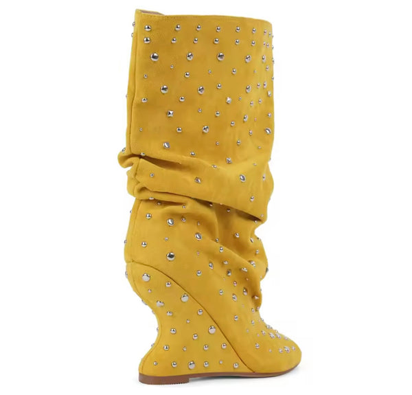 Women Fashion Open Toe Rivet Wedge Ruched Knee High Boots