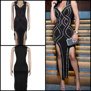 Women Sexy Sleeveless Black Bling Print Side Split Dress
