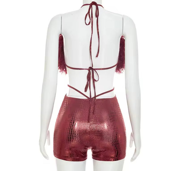 Women Sexy Feather Halter Open Back Sleeveless PU Romper