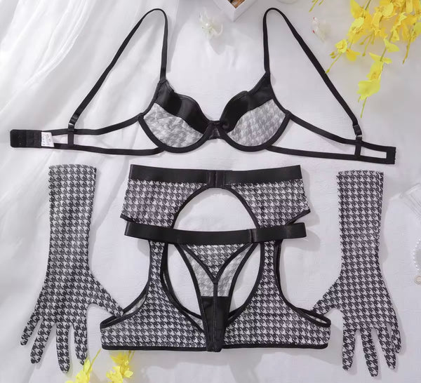 Women Sexy B&W Plaid Mesh Glove Lingerie Set