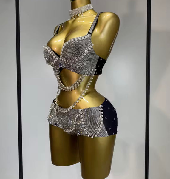 Women Sexy Sleeveless Choker Pearl Bling Rhinestone Two Piece Short Set