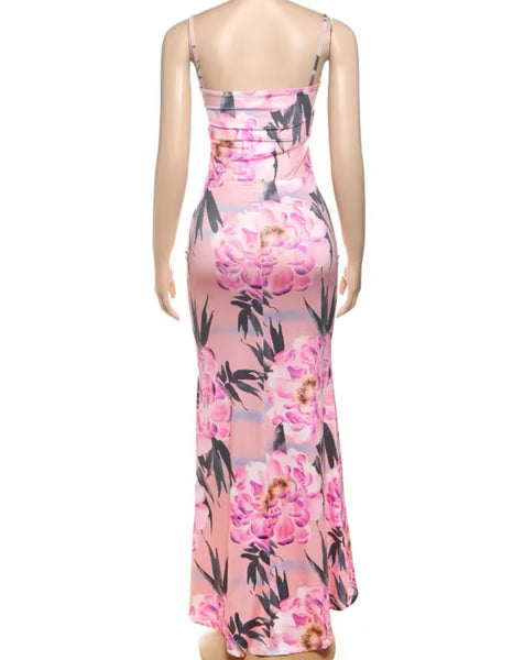 Women Sexy Sleeveless Pink Floral Print Maxi Dress