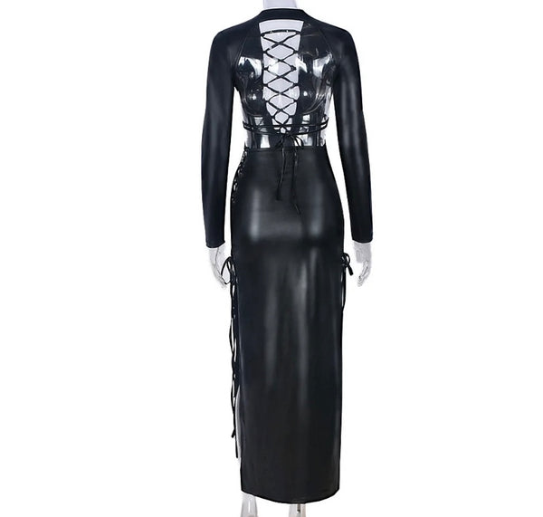 Women Sexy Black PU Full Sleeve Side Slit Maxi Dress