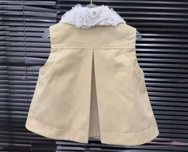 Women Lace Collar Sleeveless Button Up Two Piece Pleated Skirt Set