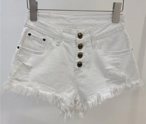 Women Ripped Fringe Button Up Denim Shorts